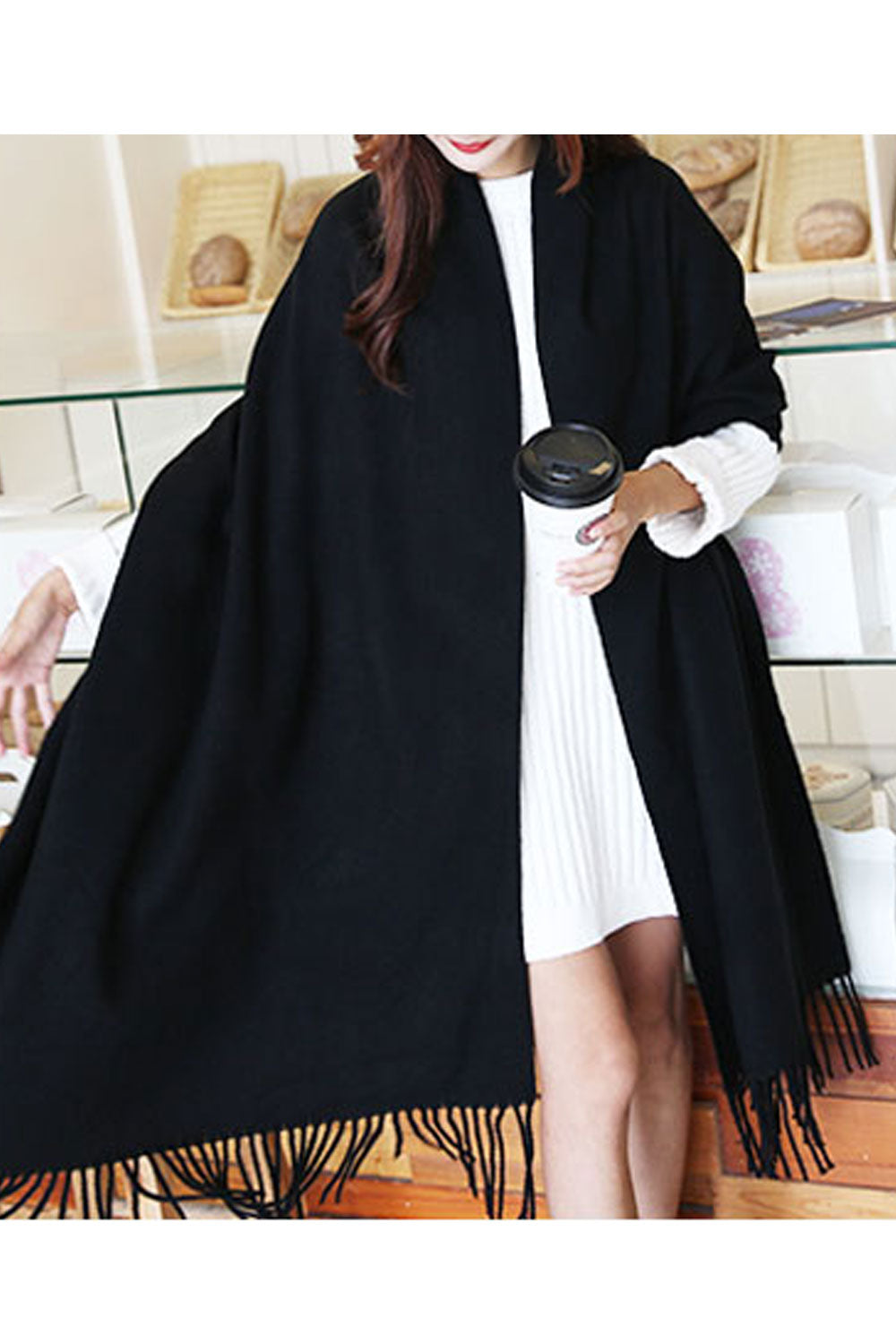 Women Solid Color Tassel Decorated Warm & Thick Shawl
