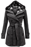Women Stylish Plaid Hooded Solid Color Autumn & Winter Coat