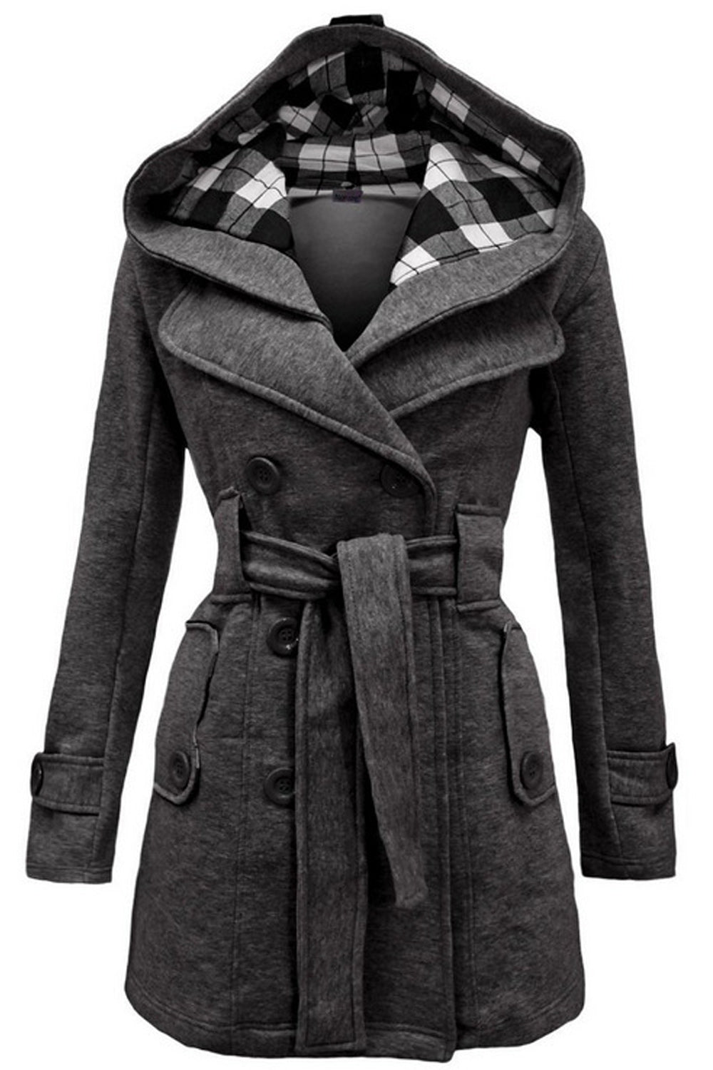 Women Stylish Plaid Hooded Solid Color Autumn & Winter Coat