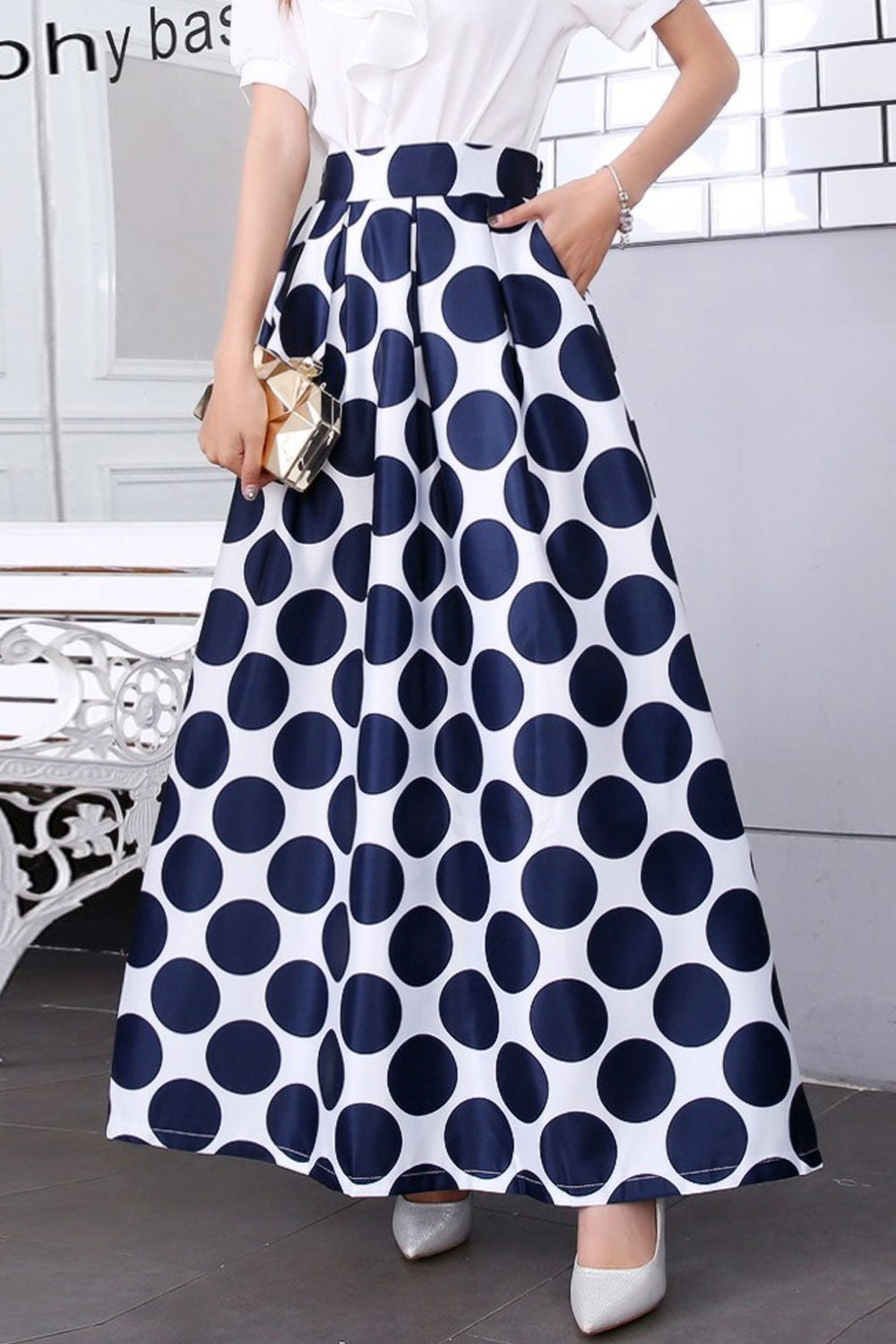 Women Fascinating Polka Dots Patterned Mid Waist Side Pockets Long Paneled Long Skirt