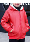 Kid Girl Decent Hooded Neck Front Zipper Ribbed Hem & Cuff Fluffy Winter Leather Jacket.