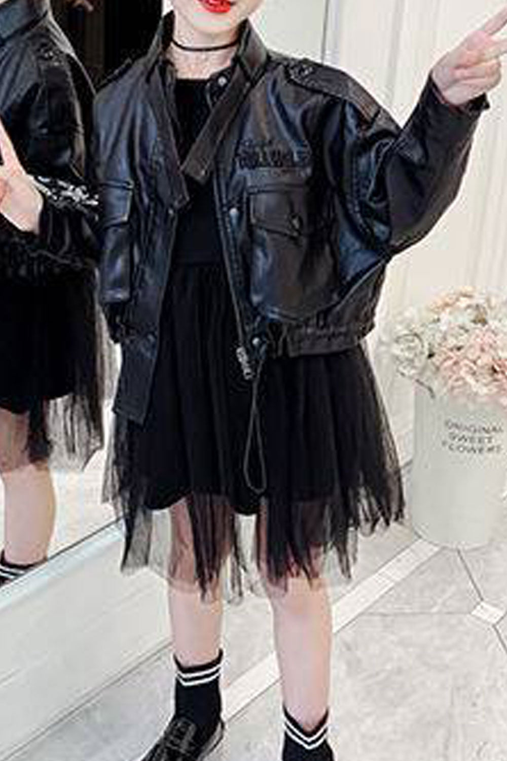 Kid Girl Stand Collar Neck Front Zipper & Flap Closure Aesthetic Winter Leather Jacket.