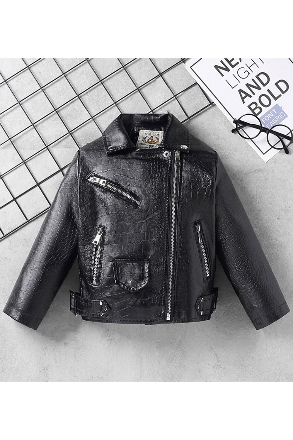kid Girl Radiant Lapal Collar Neck Waist Blet Welt & Flapped Closure Pocket Winter Leather Jacket.
