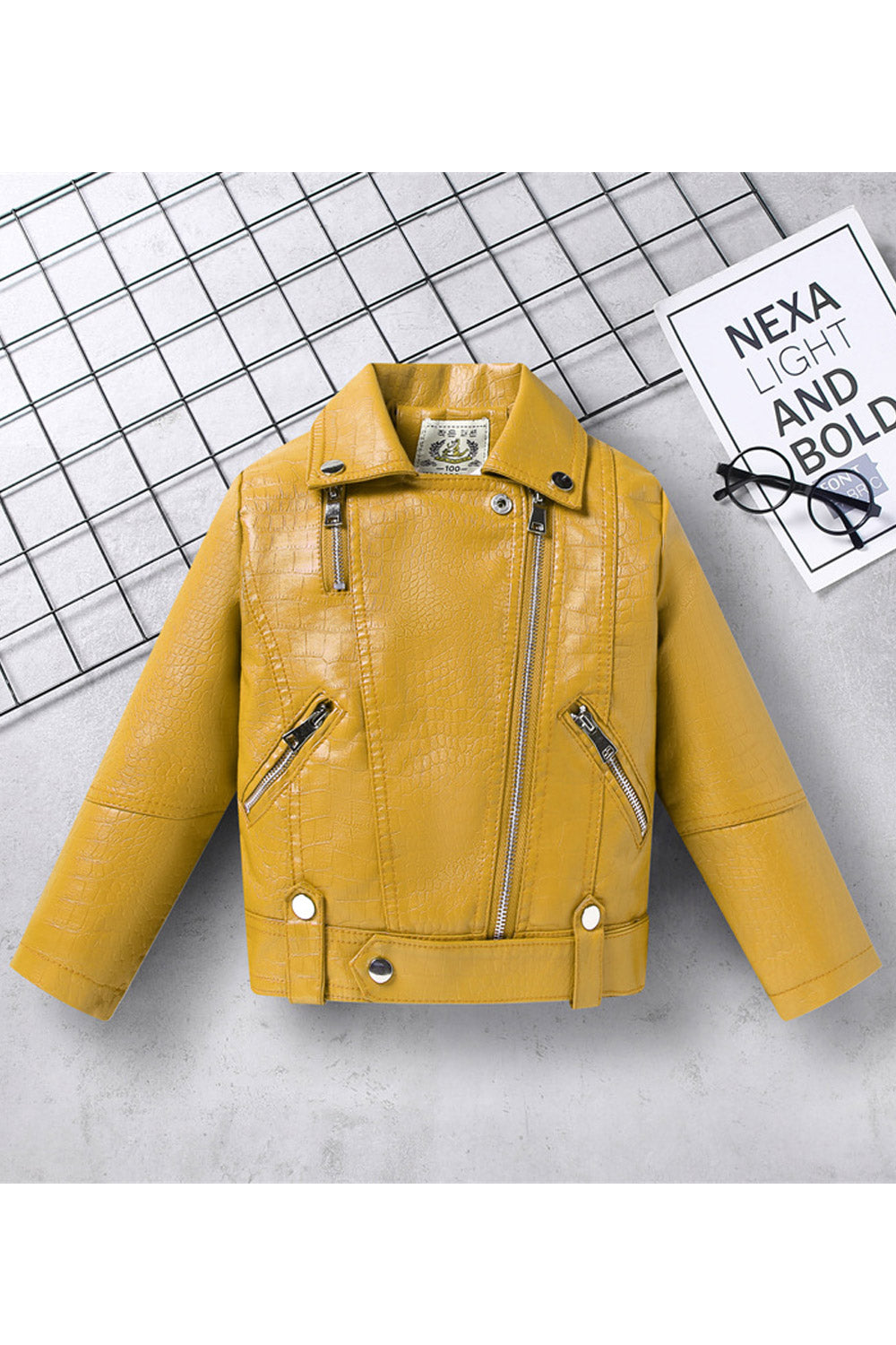 Kid Girl Delightful Lapal Collar Neck Welt Zipper Pocket & Waist Belt Winter Leather Jacket.