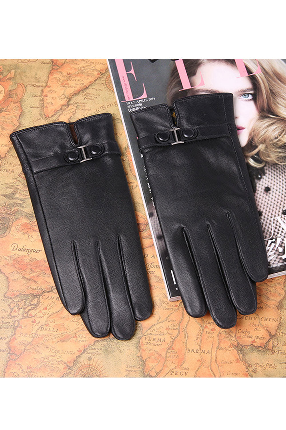 Women Lovely Solid Colored Warm Thick Leather Gloves