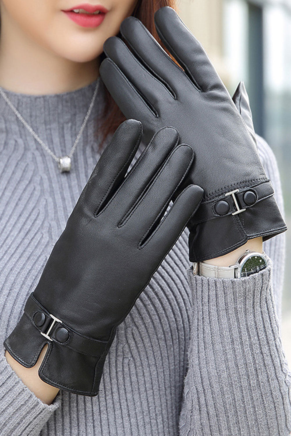 Women Lovely Solid Colored Warm Thick Leather Gloves