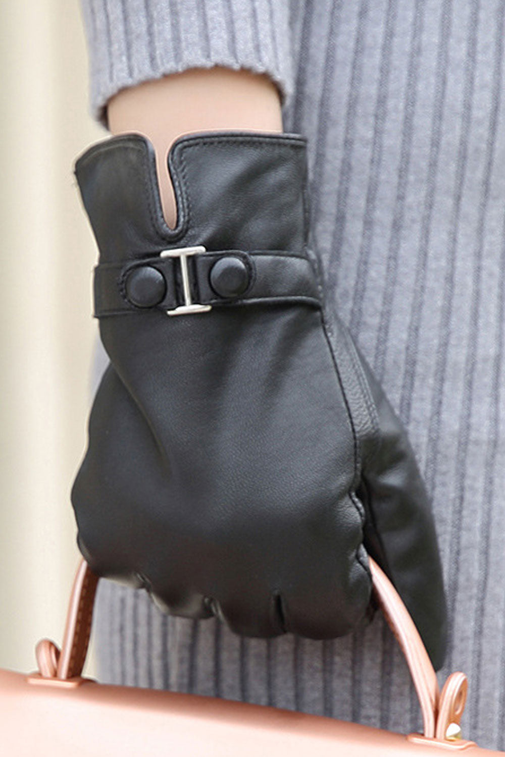 Women Lovely Solid Colored Warm Thick Leather Gloves