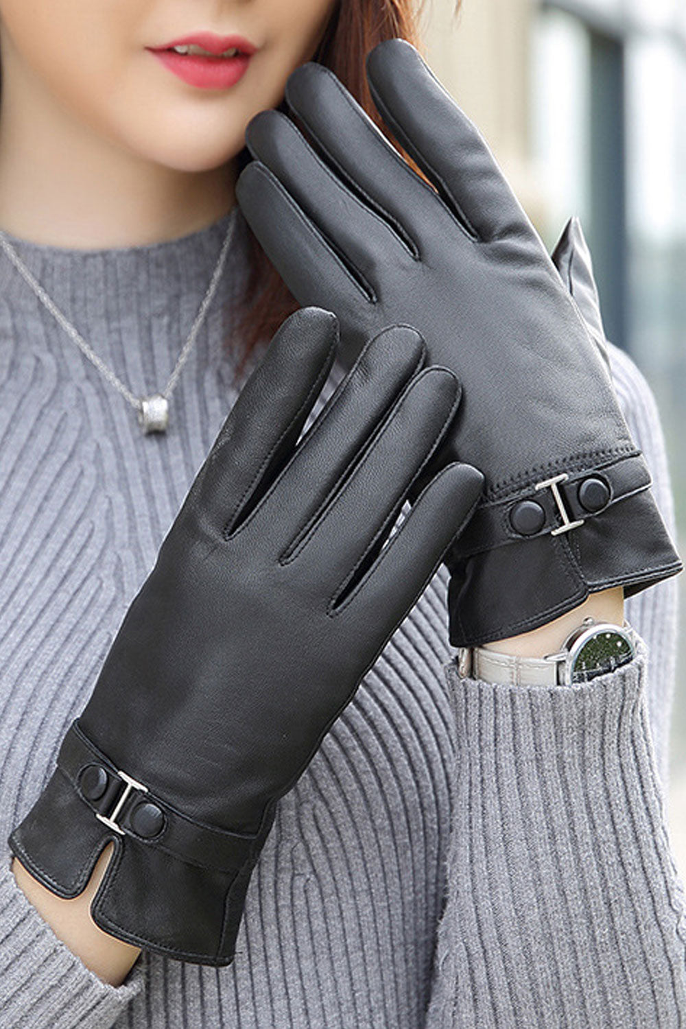 Women Lovely Solid Colored Warm Thick Leather Gloves