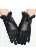 Women Beautiful Warm Thick Solid Colored Lace Bow Leather Gloves
