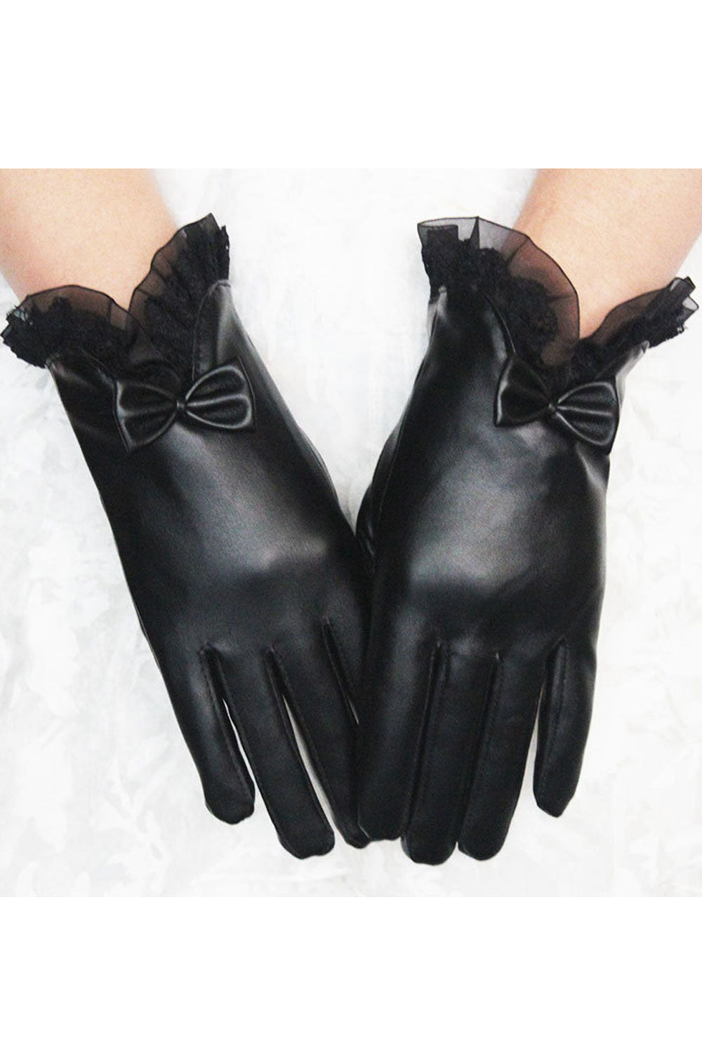 Women Beautiful Warm Thick Solid Colored Lace Bow Leather Gloves