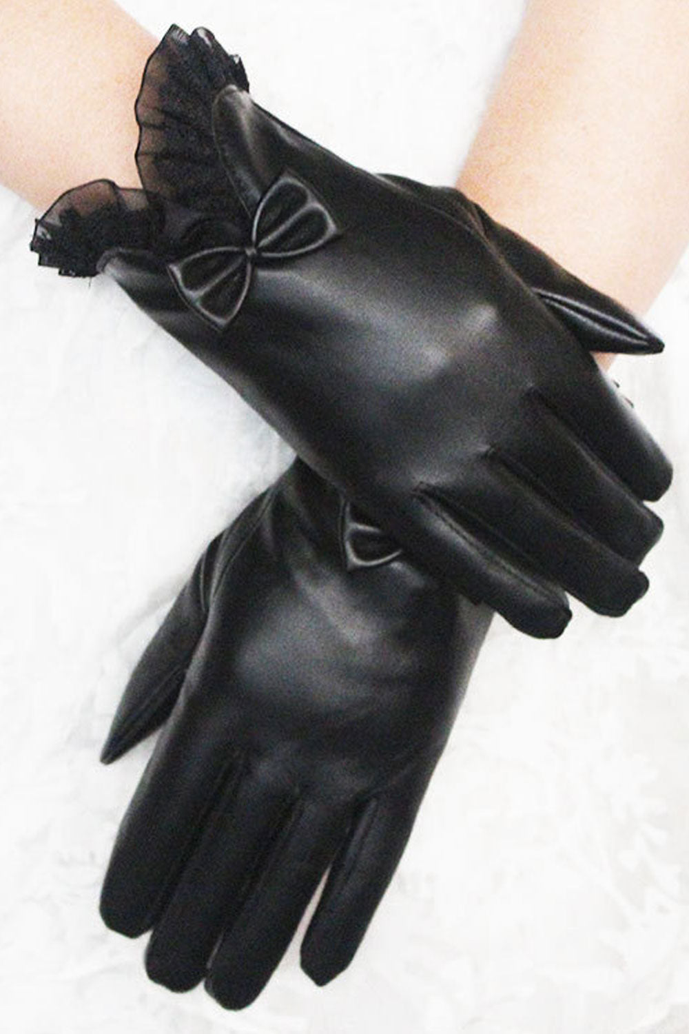 Women Beautiful Warm Thick Solid Colored Lace Bow Leather Gloves