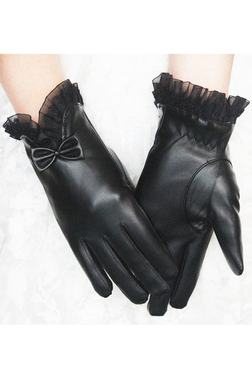 Women Beautiful Warm Thick Solid Colored Lace Bow Leather Gloves