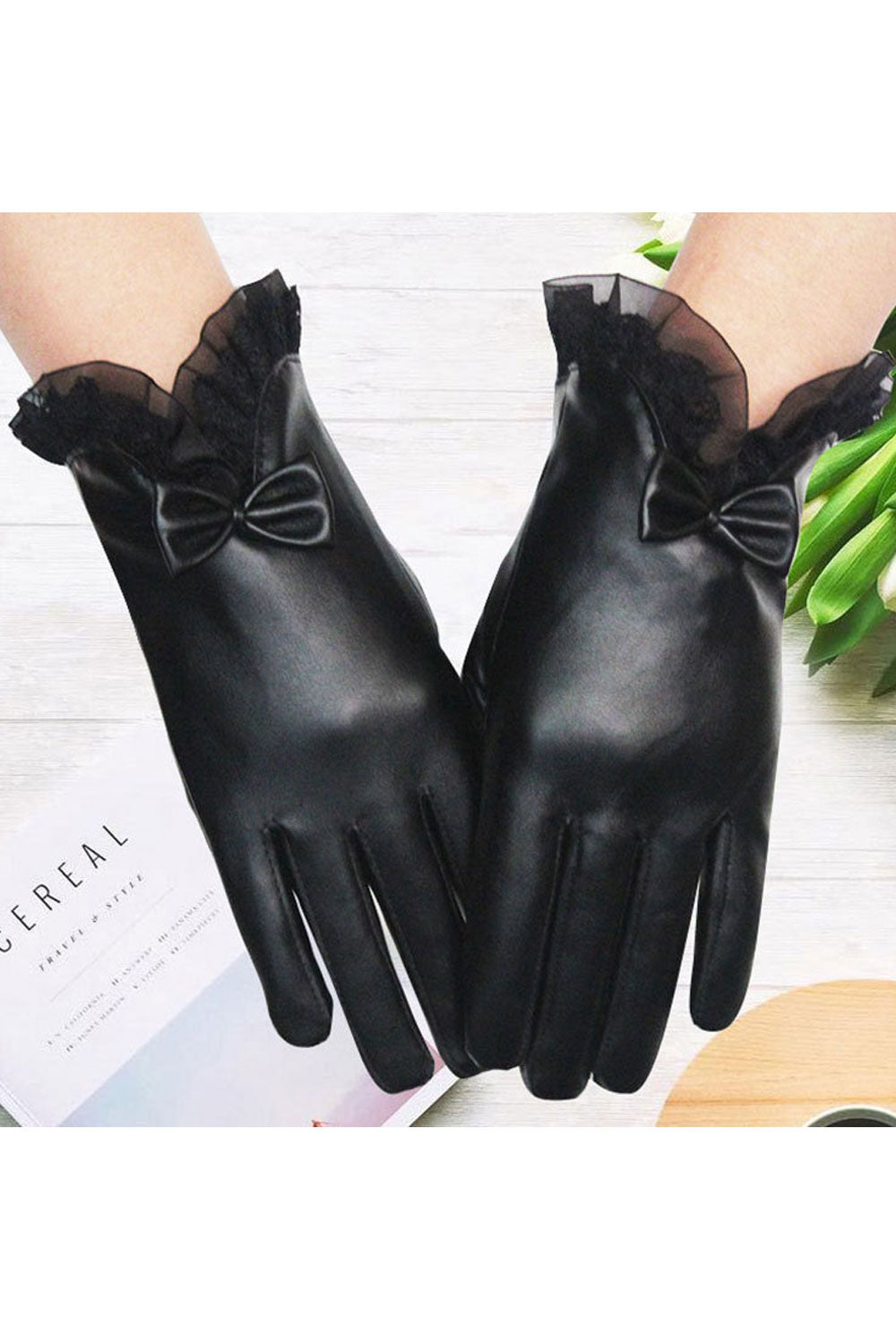 Women Beautiful Warm Thick Solid Colored Lace Bow Leather Gloves