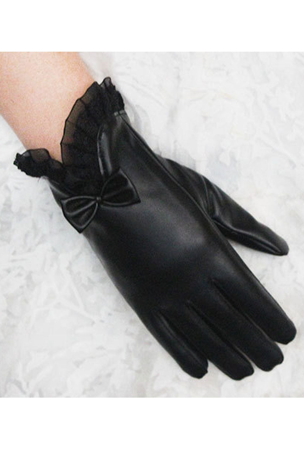 Women Beautiful Warm Thick Solid Colored Lace Bow Leather Gloves