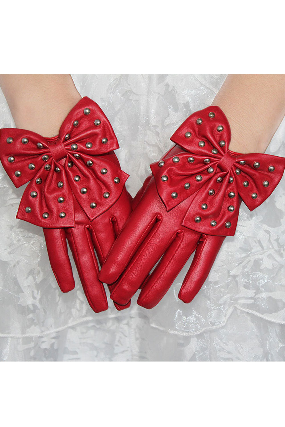 Women Fashion Bow Tie Thick Warm Leather Gloves