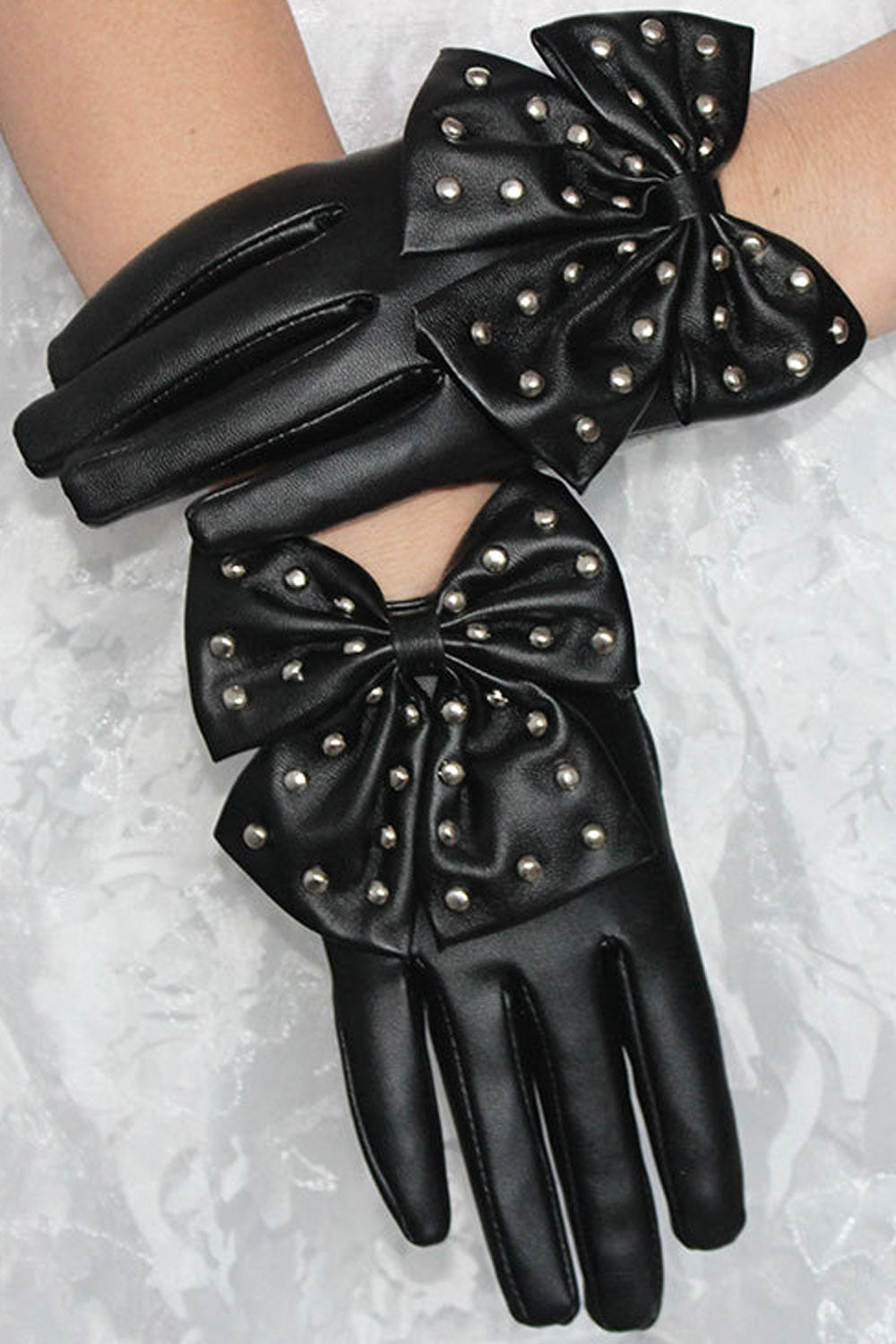 Women Fashion Bow Tie Thick Warm Leather Gloves