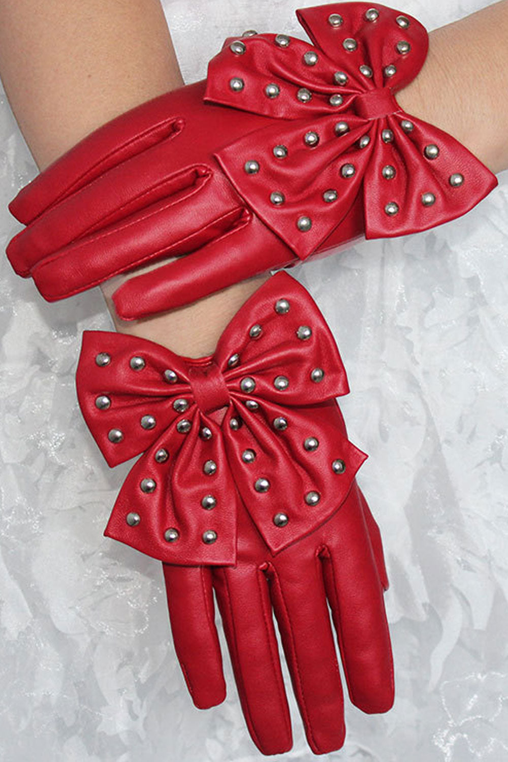 Women Fashion Bow Tie Thick Warm Leather Gloves
