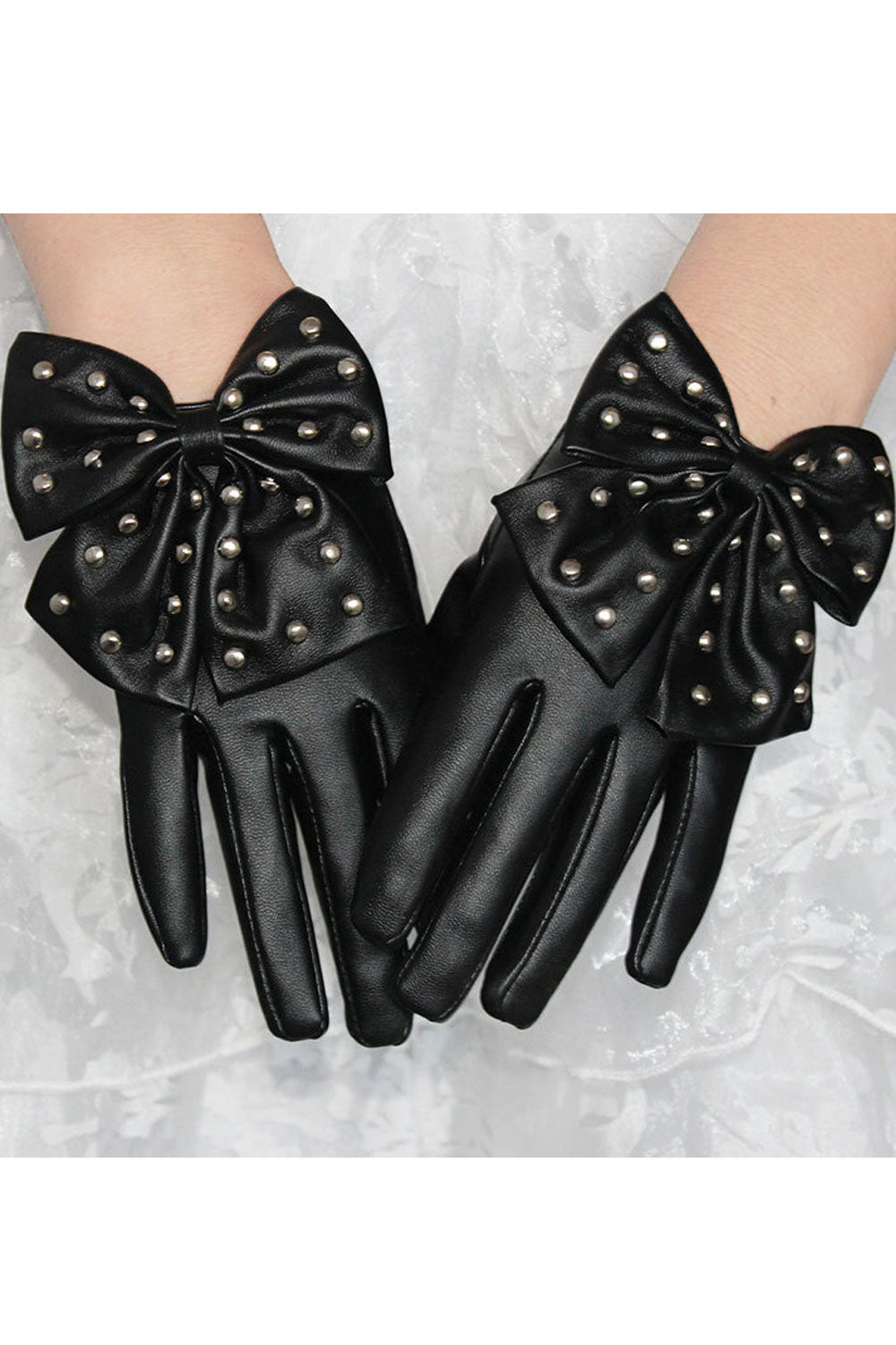 Women Fashion Bow Tie Thick Warm Leather Gloves