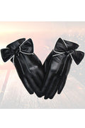 Women Autumn Winter Bow Tie Solid Color Leather Gloves