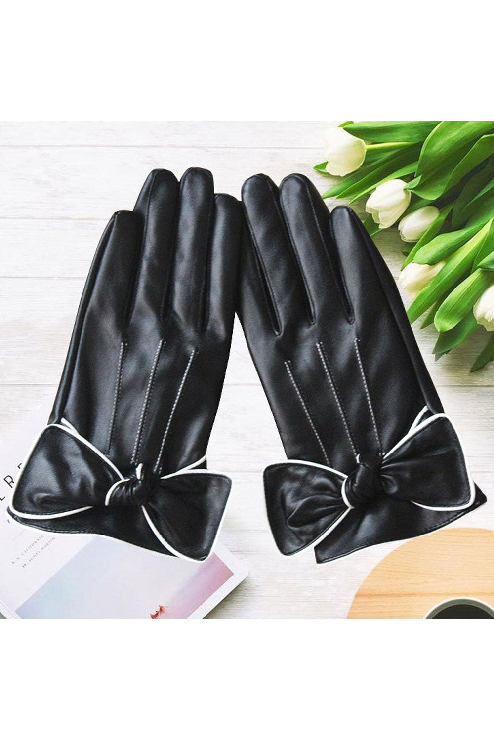 Women Autumn Winter Bow Tie Solid Color Leather Gloves