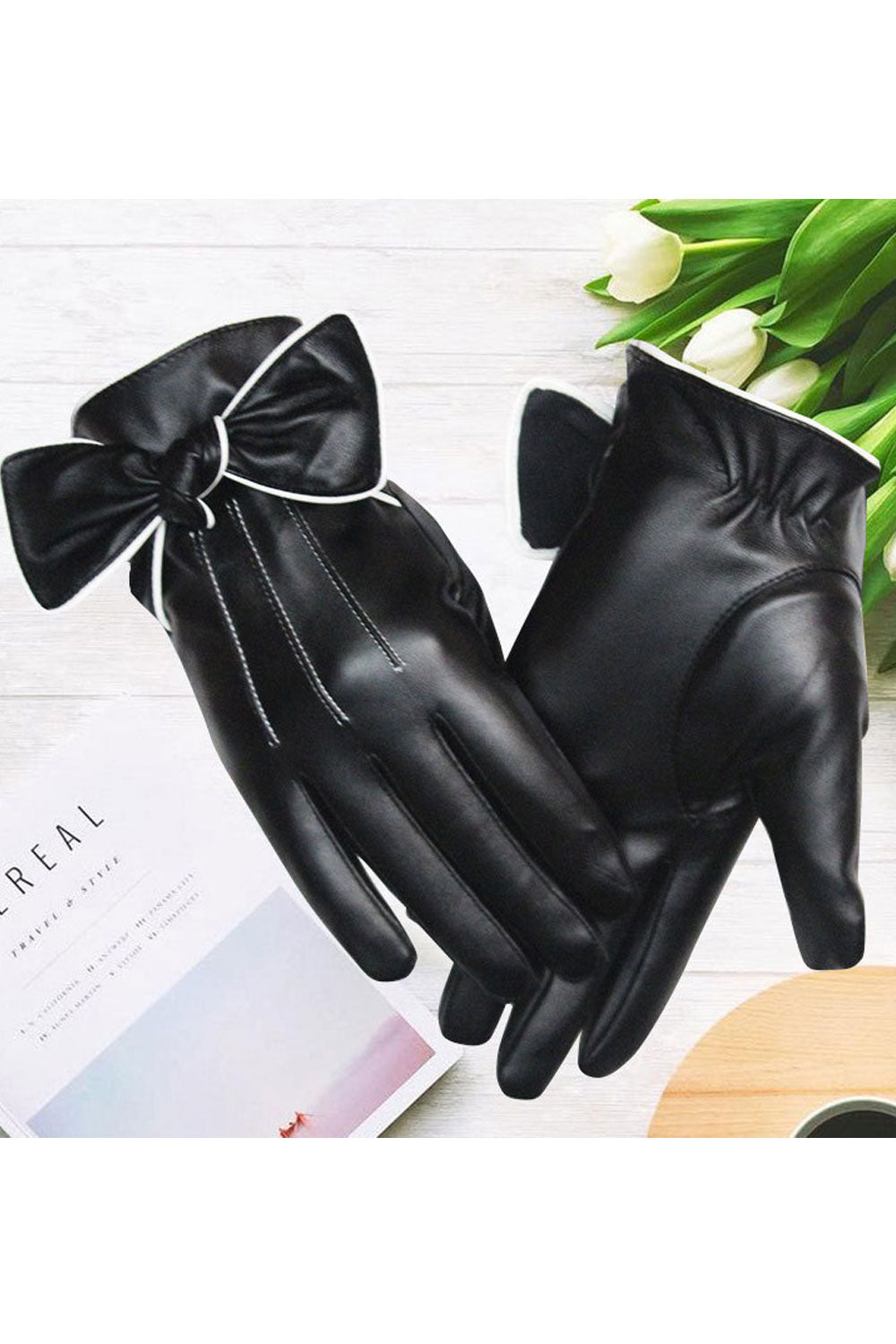 Women Autumn Winter Bow Tie Solid Color Leather Gloves