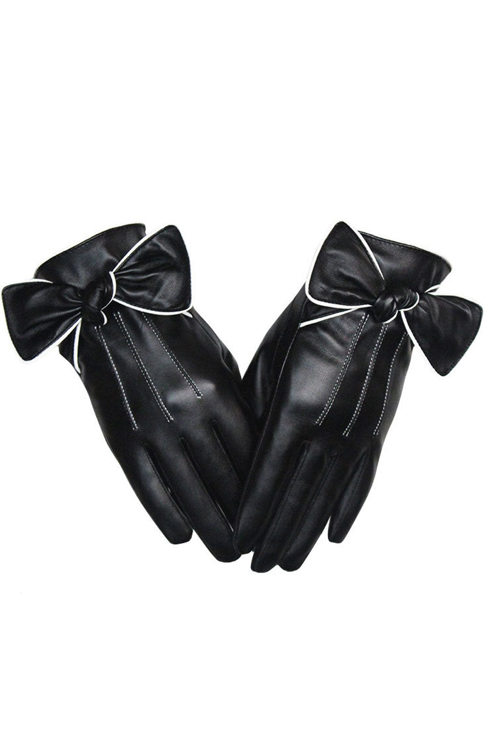 Women Autumn Winter Bow Tie Solid Color Leather Gloves