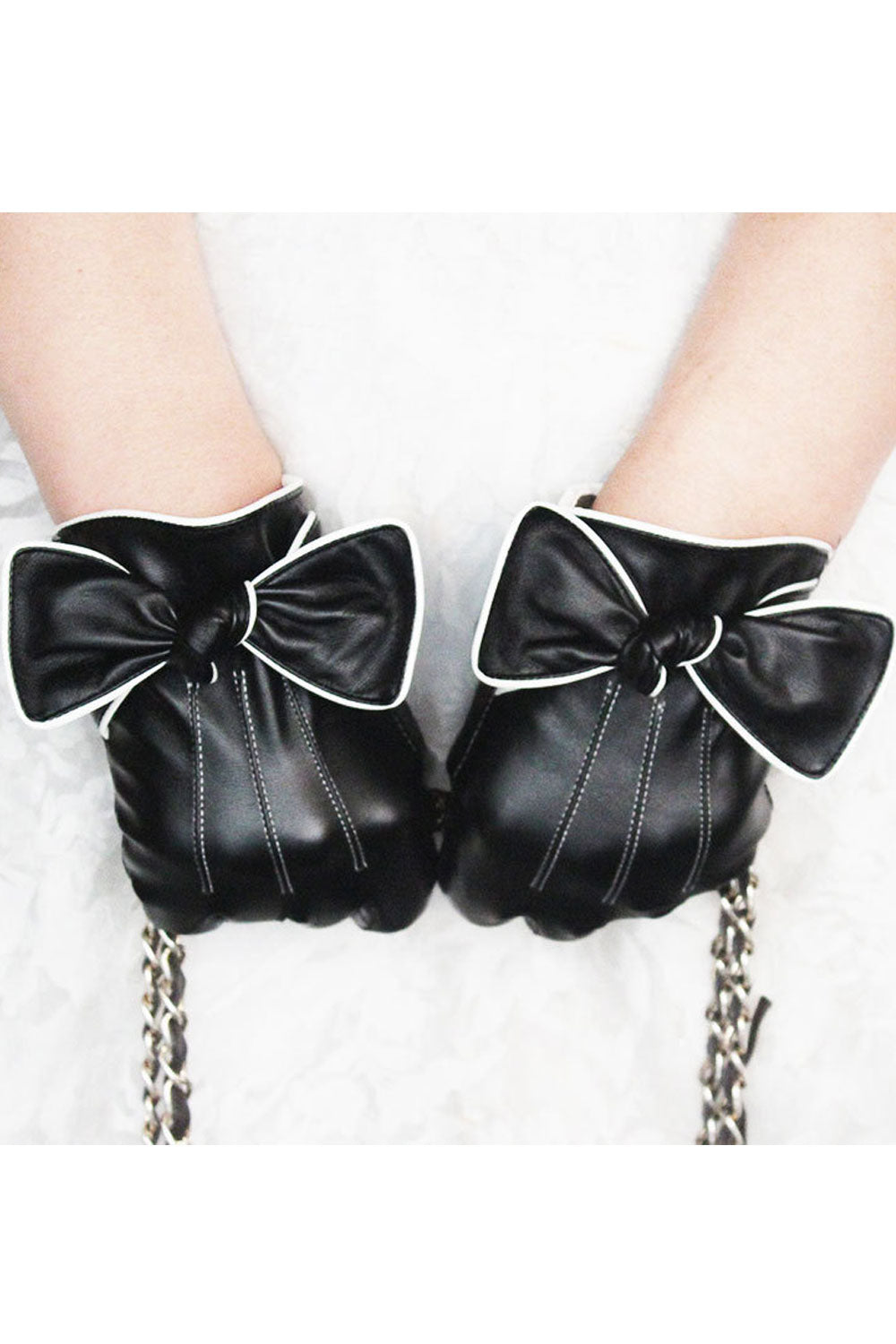 Women Autumn Winter Bow Tie Solid Color Leather Gloves