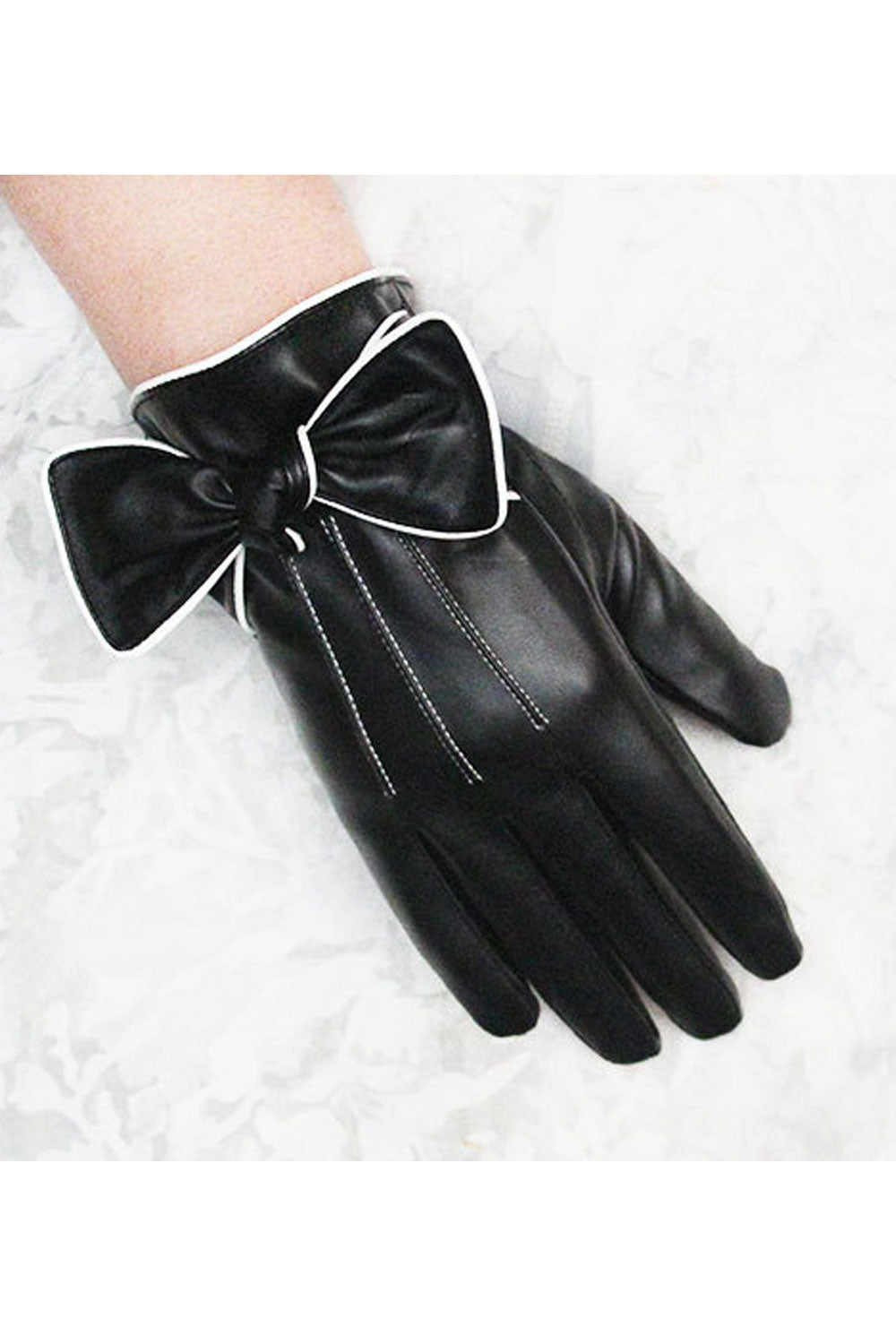 Women Autumn Winter Bow Tie Solid Color Leather Gloves