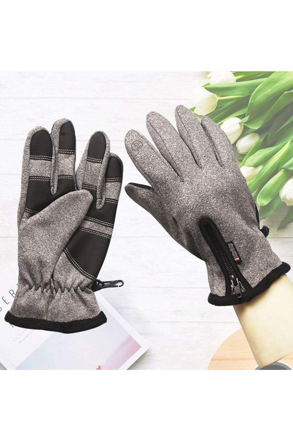 Women Windprood Zipper Warm & Thick Leather Gloves