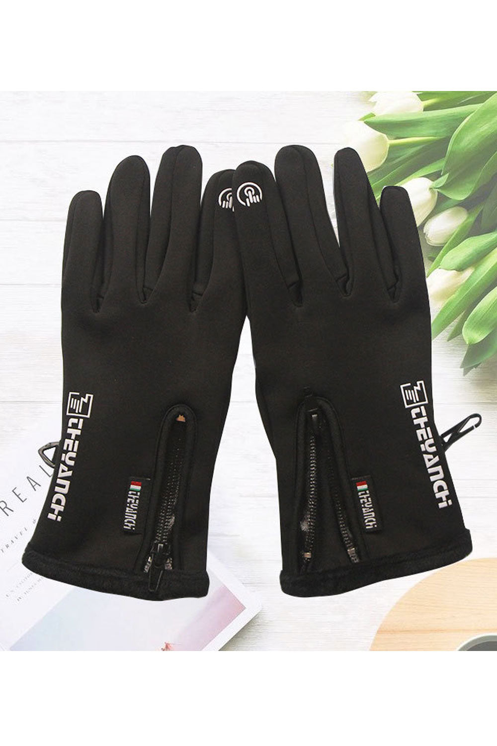 Women Windprood Zipper Warm & Thick Leather Gloves