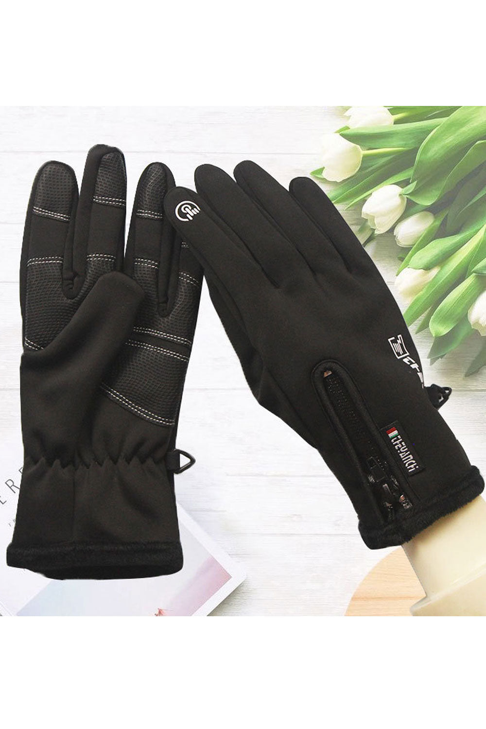 Women Windprood Zipper Warm & Thick Leather Gloves