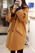 Women Knitted Long Sleeve Collar Neck Mid-Length Flap Pockets Superb Solid Color Easy Button Closure Warm Coat
