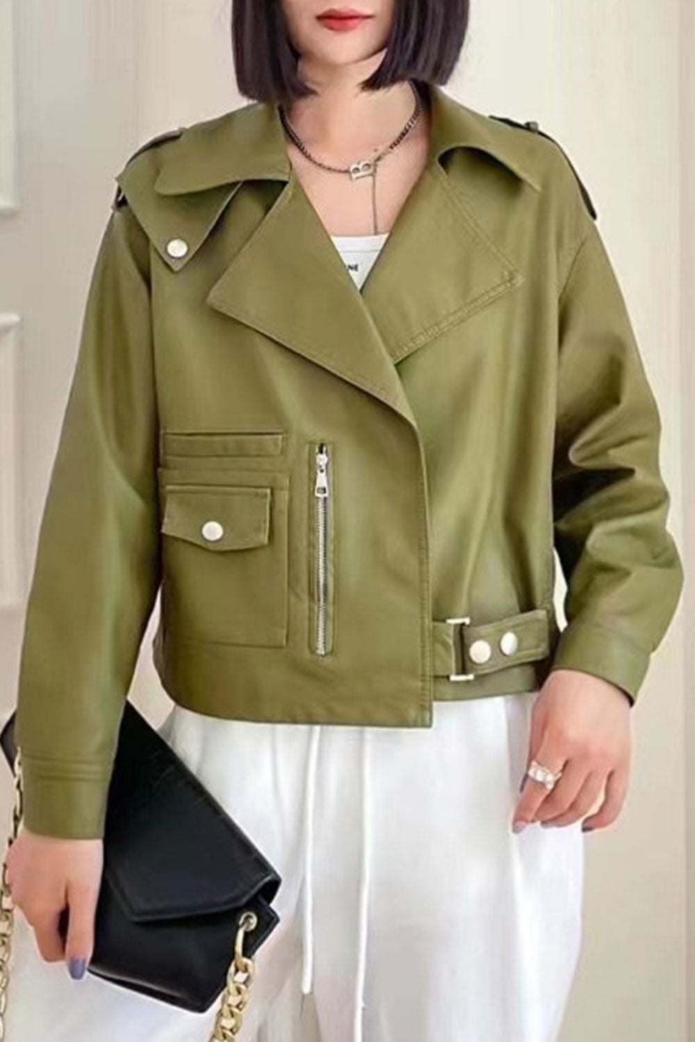 Women Super Stylish Lapel Collar Neck Buttoned Cuff Zippered & Flap Closure Pocket Waist Buckled Belt Loose Warm Winter Leather