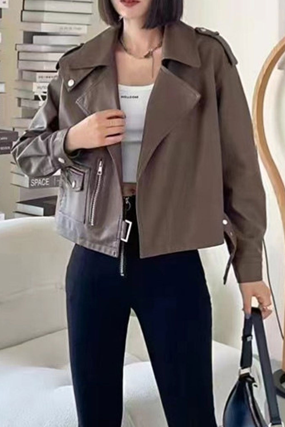 Women Super Stylish Lapel Collar Neck Buttoned Cuff Zippered & Flap Closure Pocket Waist Buckled Belt Loose Warm Winter Leather