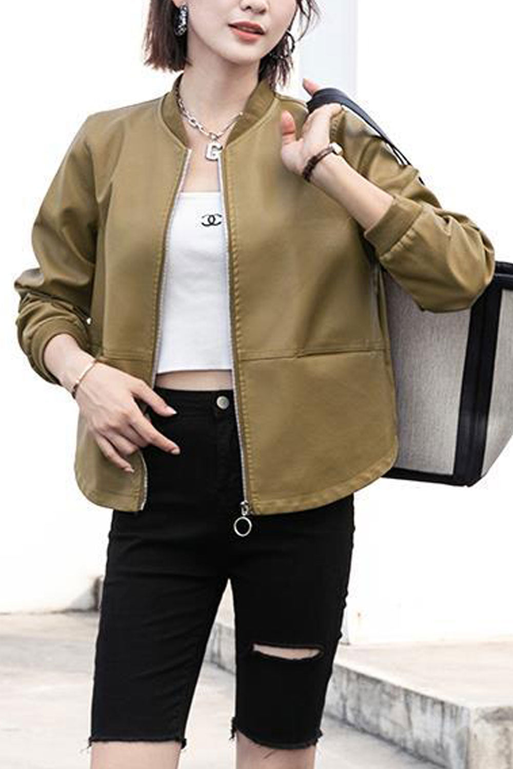 Women Casual Wear Simple Solid Pattern Stretchable Cuff Suitable Winter Leather Jacket