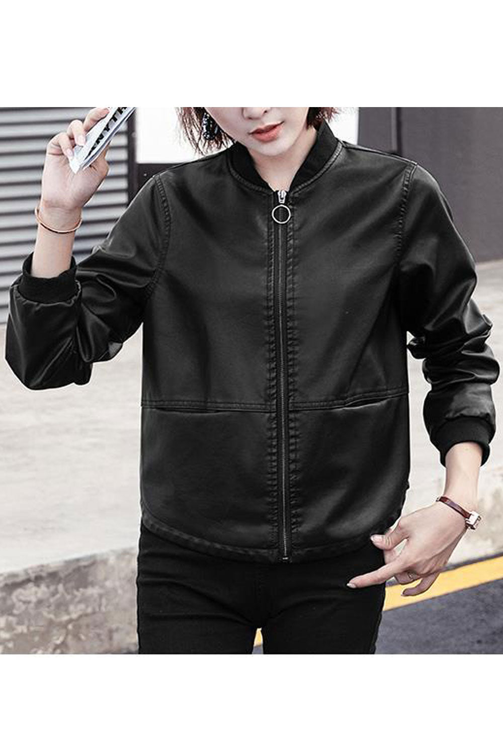 Women Casual Wear Simple Solid Pattern Stretchable Cuff Suitable Winter Leather Jacket