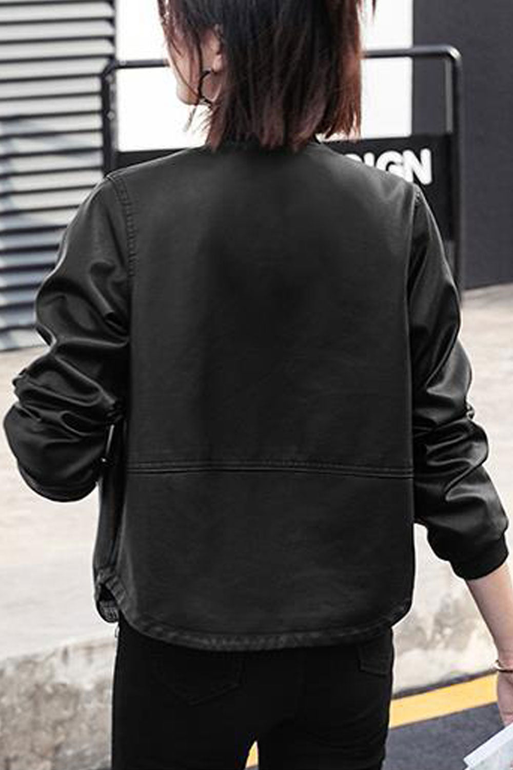 Women Casual Wear Simple Solid Pattern Stretchable Cuff Suitable Winter Leather Jacket