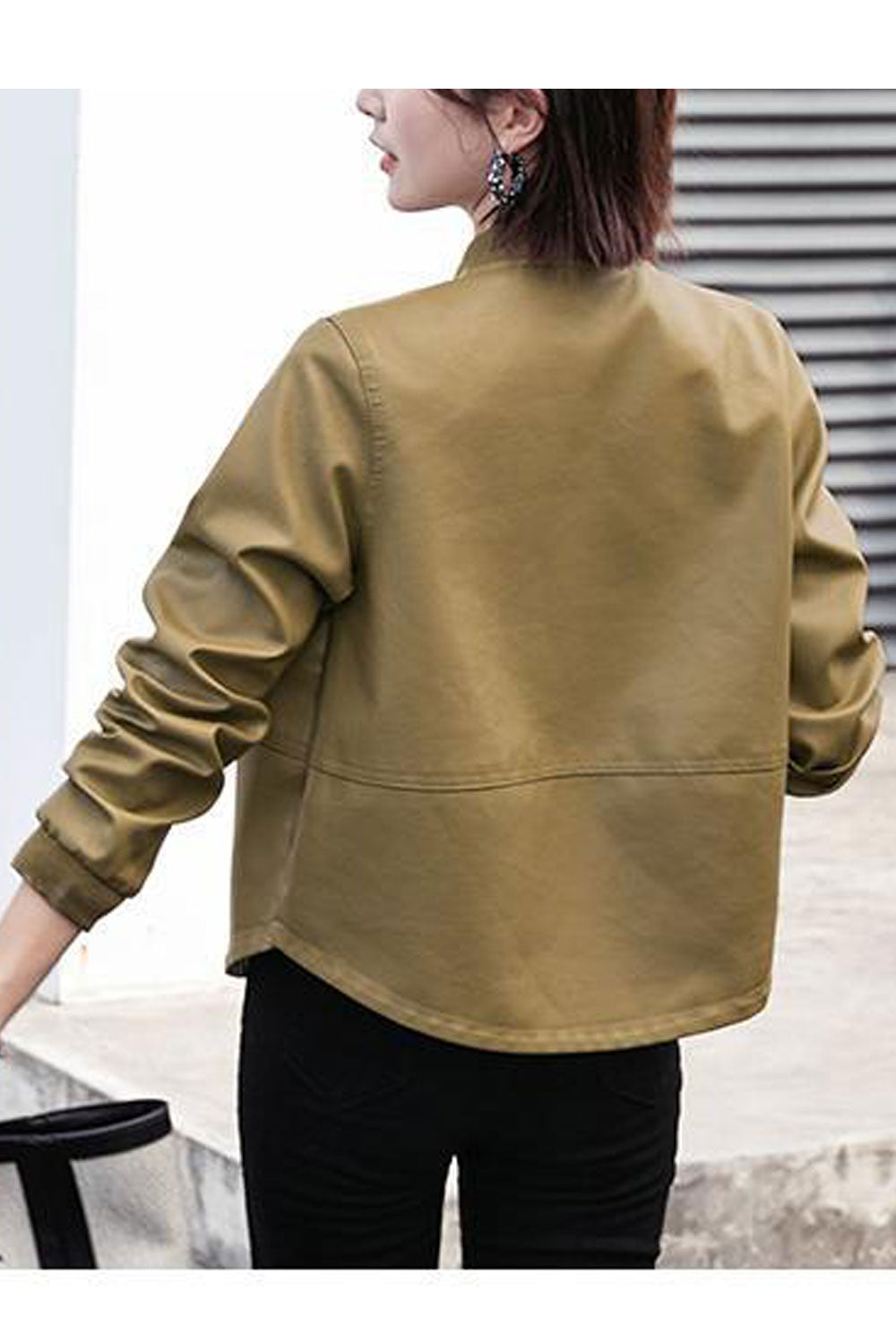 Women Casual Wear Simple Solid Pattern Stretchable Cuff Suitable Winter Leather Jacket