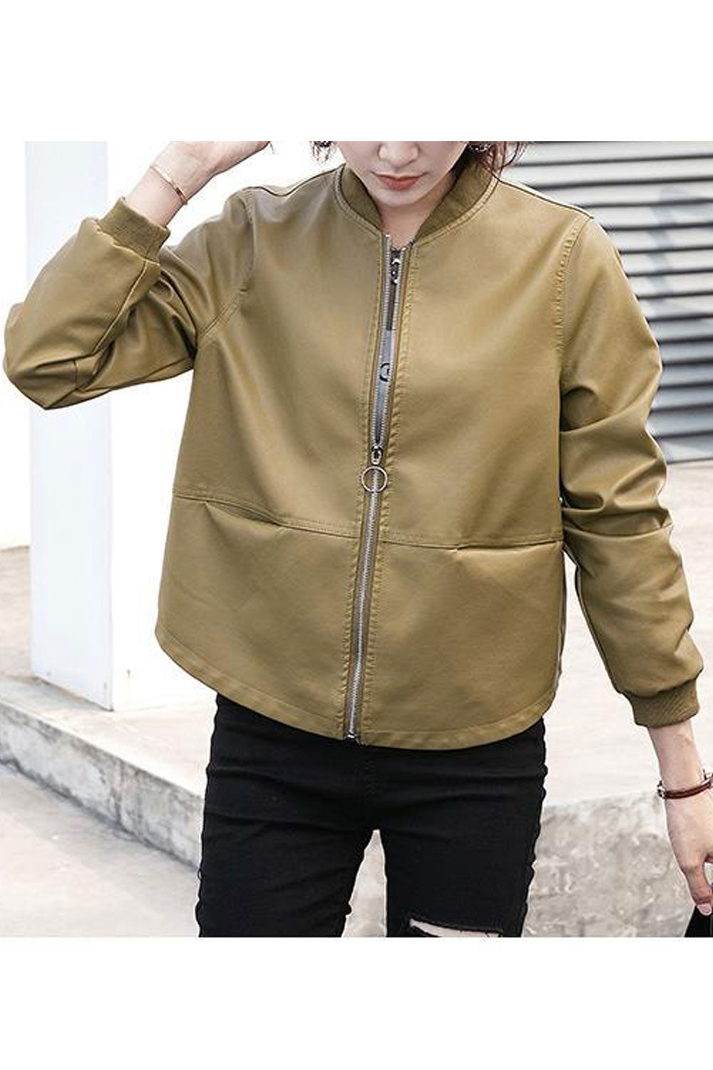 Women Casual Wear Simple Solid Pattern Stretchable Cuff Suitable Winter Leather Jacket