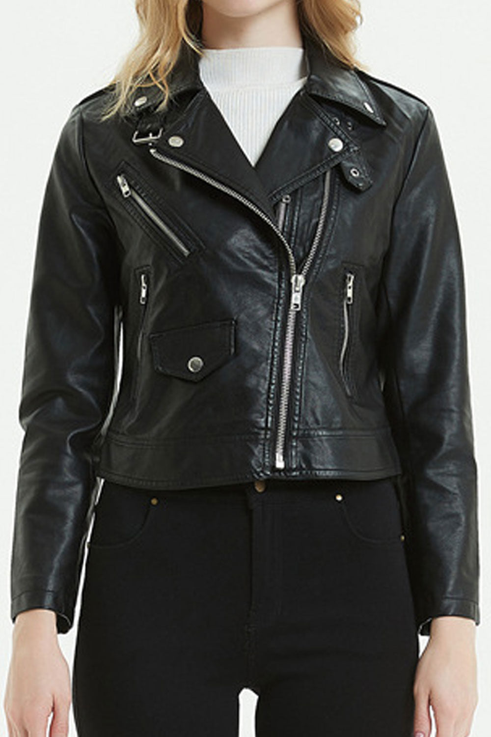 Women Latest Style Lapel Collar Neck Zippered Cuff & Moveable Front Fastener Fashioned Warm Winter Leather Jacket