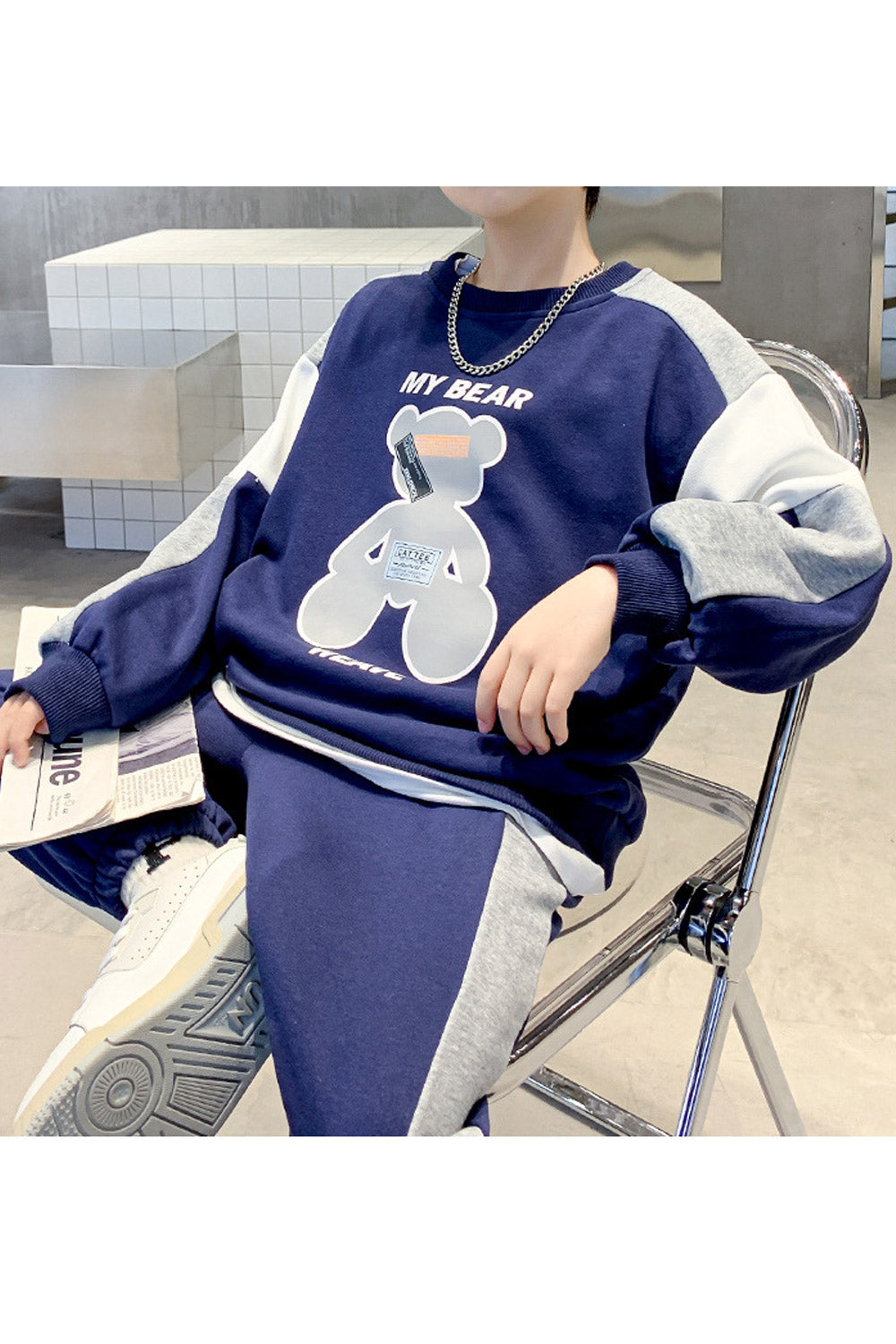 Kid Boys Big Bear Print Loose Casual Round Neck Sweatshirt