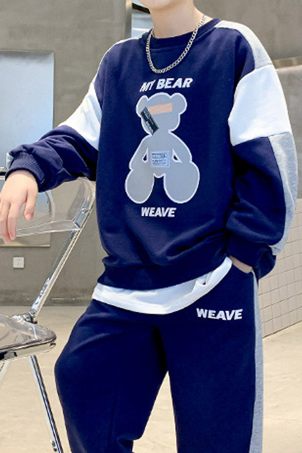 Kid Boys Big Bear Print Loose Casual Round Neck Sweatshirt