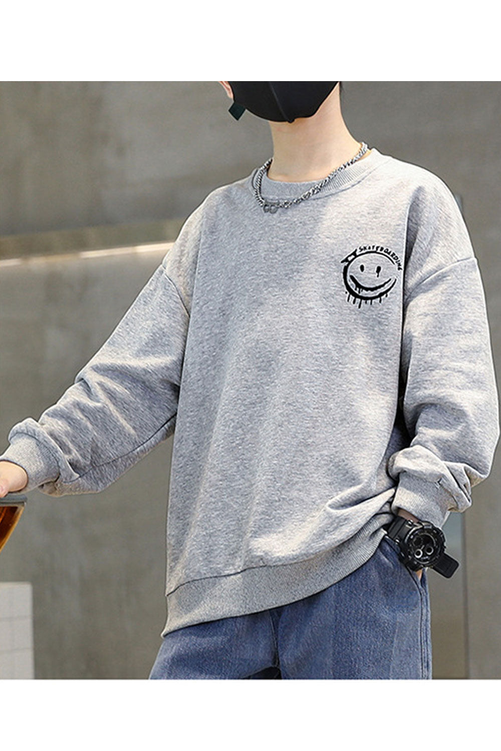 Kid Boys Smiley Printed Long Sleeves Round Neck Sweatshirt