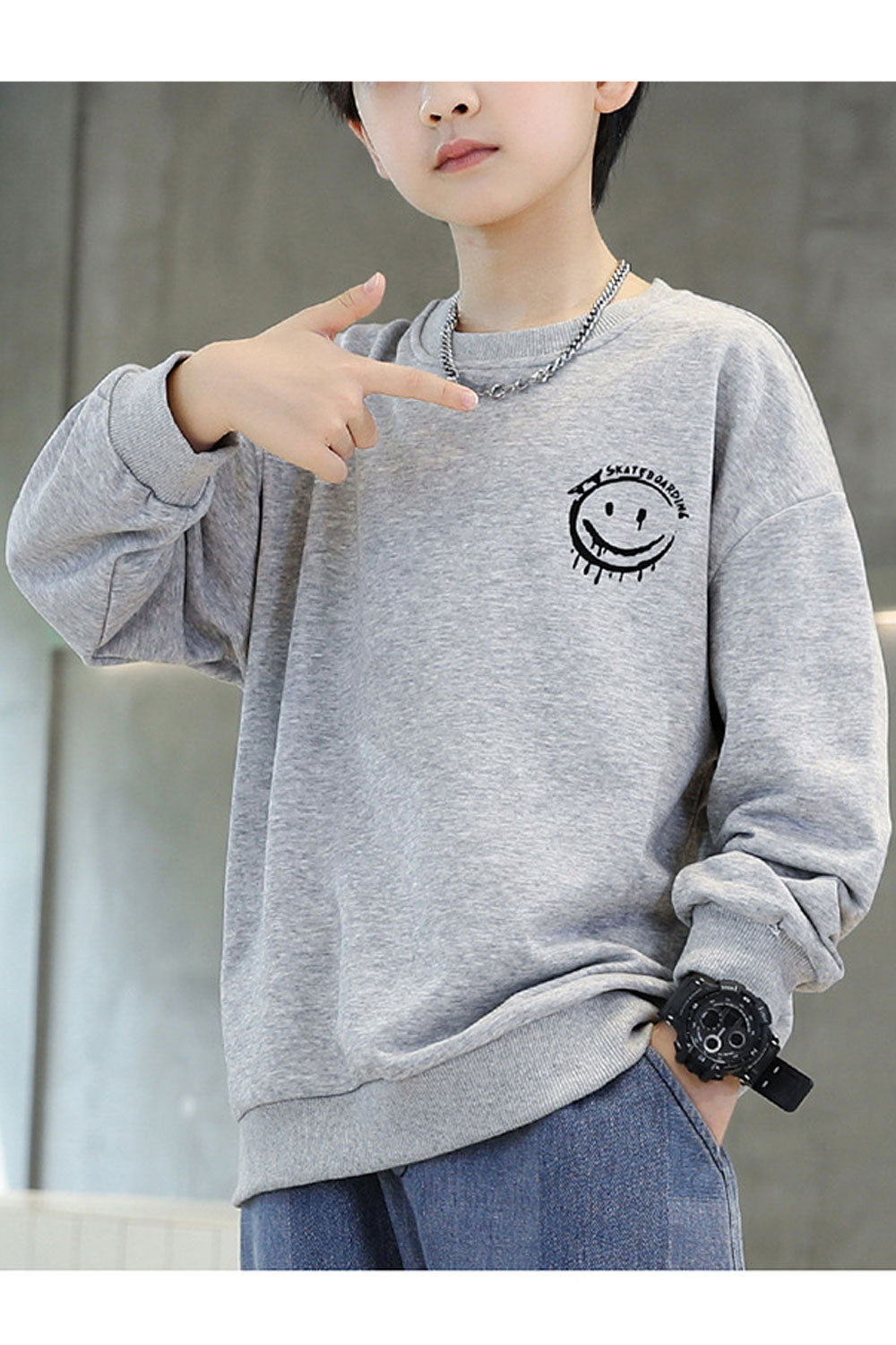 Kid Boys Smiley Printed Long Sleeves Round Neck Sweatshirt
