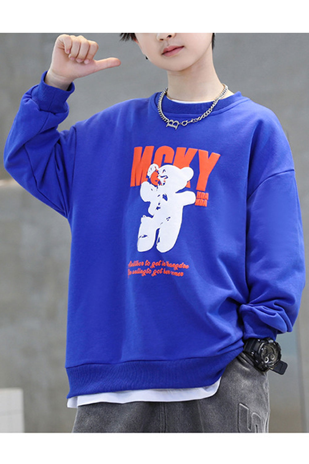 Kid Boys Micky Printed Solid Color Round Neck Sweatshirt