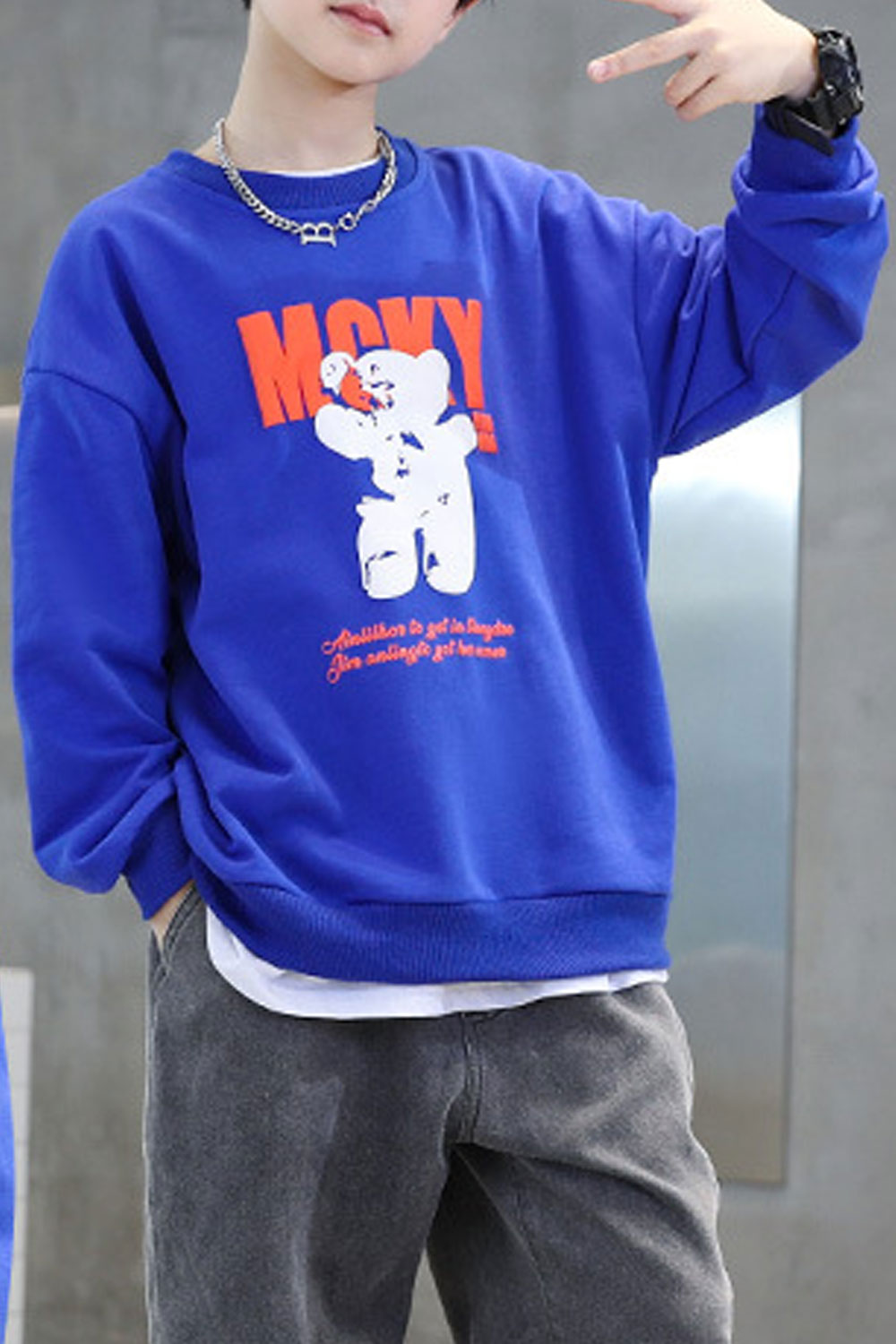 Kid Boys Micky Printed Solid Color Round Neck Sweatshirt