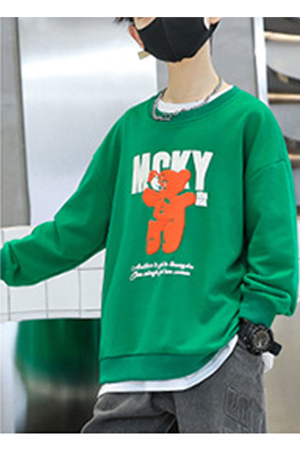 Kid Boys Micky Printed Solid Color Round Neck Sweatshirt