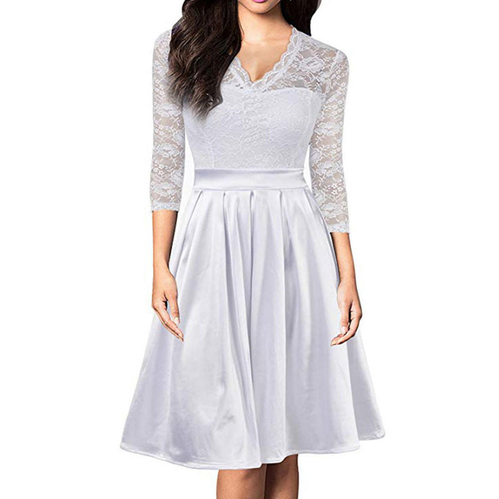 Women Charming Lace Patterned Illussion Styled V- Neck Mid- Length Sleeves Silky A-Line Dress