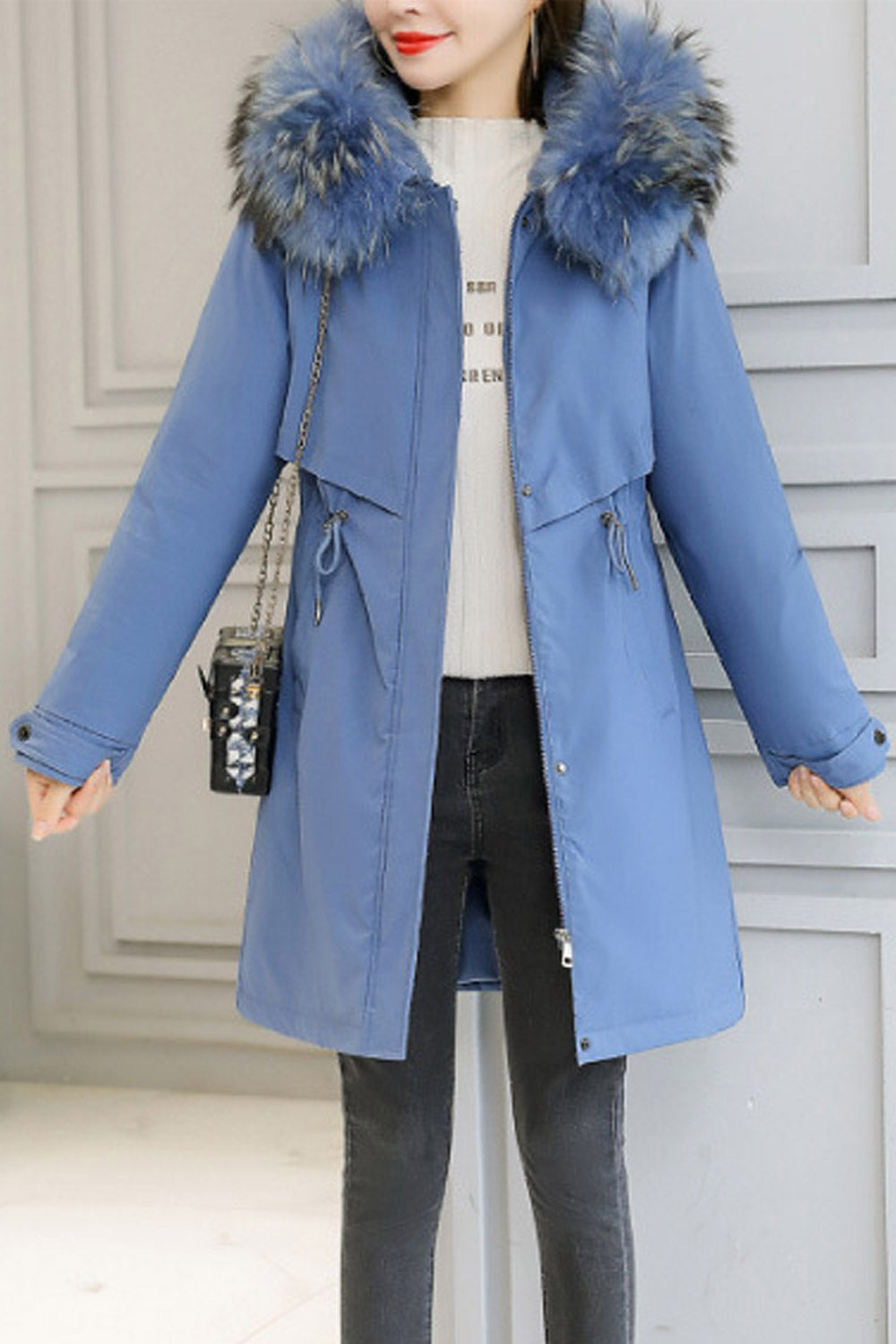Women Warm Above Knee Length Long Sleeve Hooded Neck Capable Side Pockets Solid Pattern Winter Padded Jacket