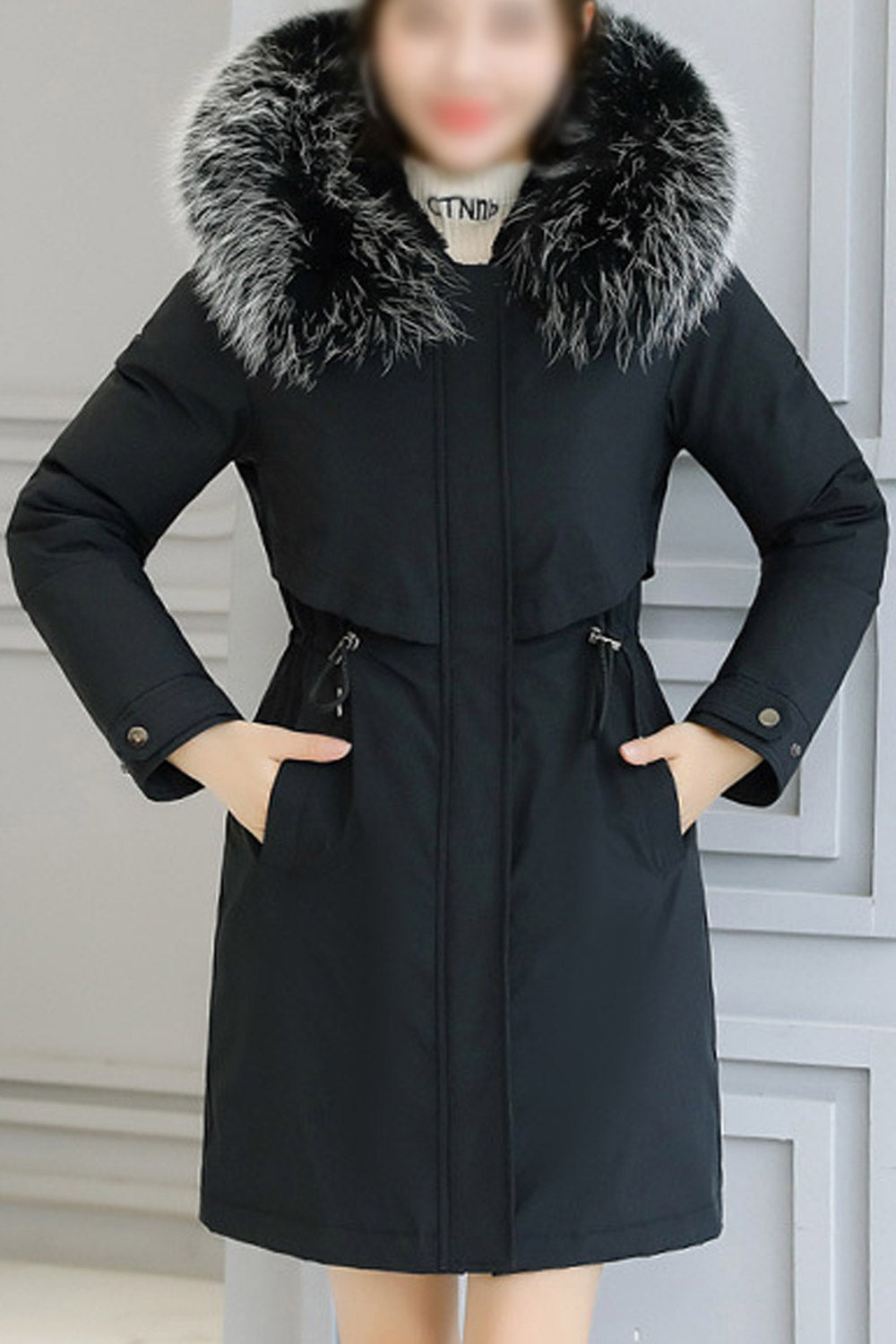 Women Warm Above Knee Length Long Sleeve Hooded Neck Capable Side Pockets Solid Pattern Winter Padded Jacket